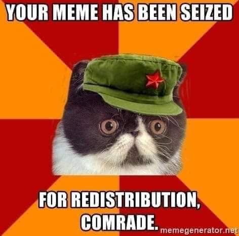 This meme features a picture of a cat wearing a Soviet-style military hat. The image is captioned with the phrase "Your meme has been seized for redistribution, comrade." The tone is humorous and satirical, poking fun at the idea of a communist-style government seizing and redistributing memes.